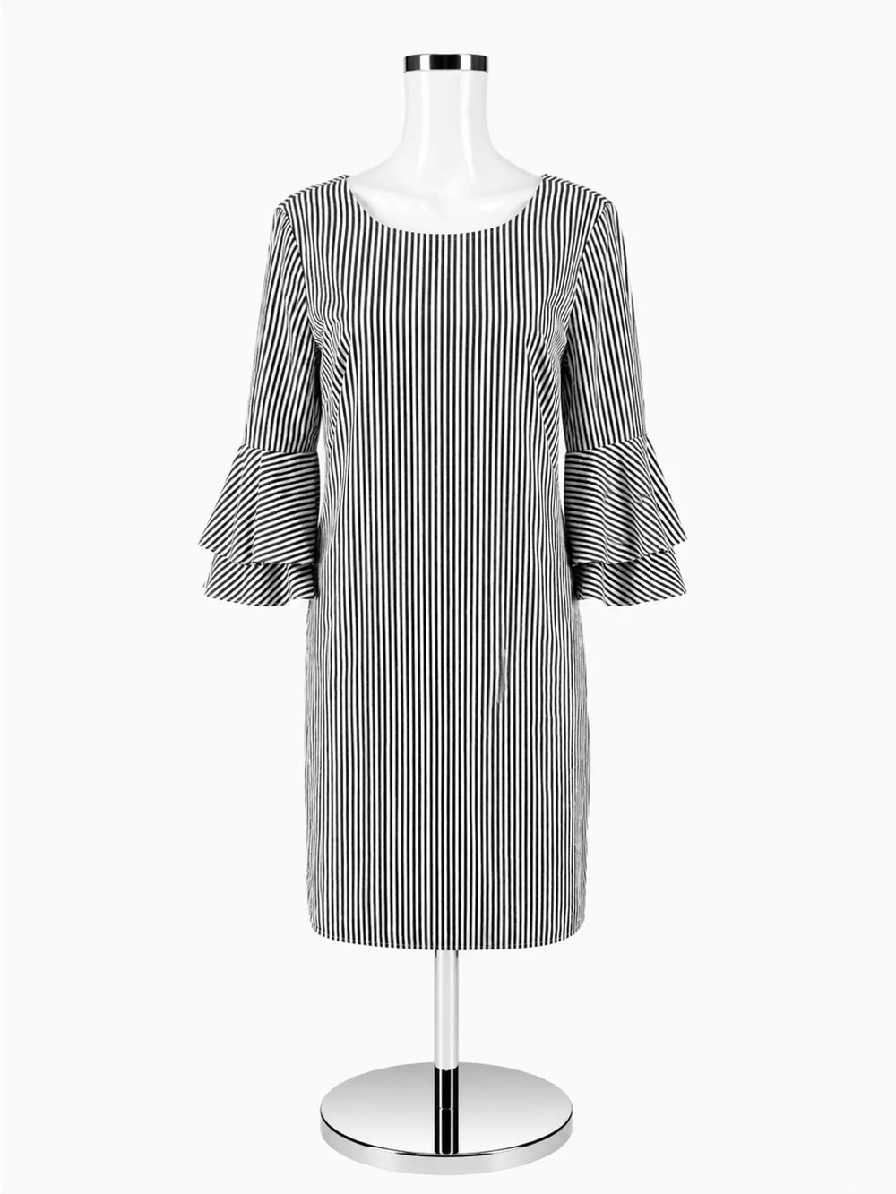Pappagallo Black and White Vertical Stripe Tiered Ruffle-Sleeve Dress